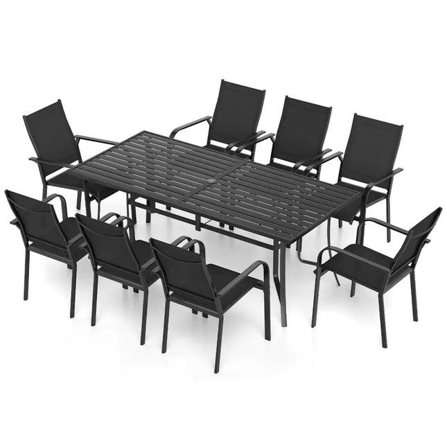 9 Pieces Patio Dining Set for 8 Stackable Chairs and Outdoor Rectangular Table-Black - Black - Patio Conversation Sets