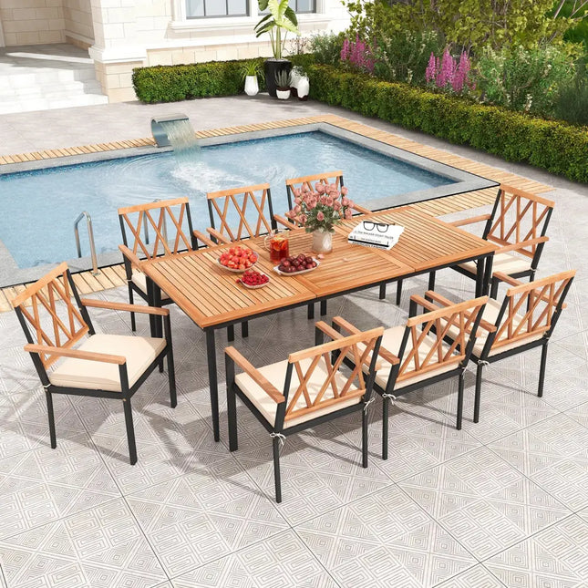 9 Pieces Patio Dining Set with 1.9 Inch Umbrella Hole and Seat Cushions - Patio Dining Sets