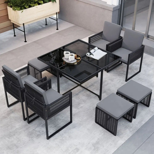 9 Pieces Patio Dining Set with Cushions for Yard Garden-Gray - Gray - Patio Conversation Sets