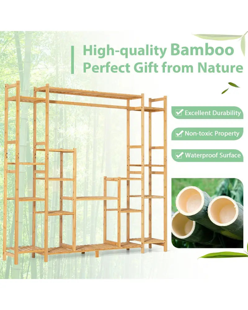 9-Tier Bamboo Plant Stand with Hanging Rack - Natural - Plant Stands