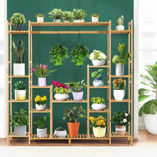 9-Tier Bamboo Plant Stand with Hanging Rack - Natural - Plant Stands