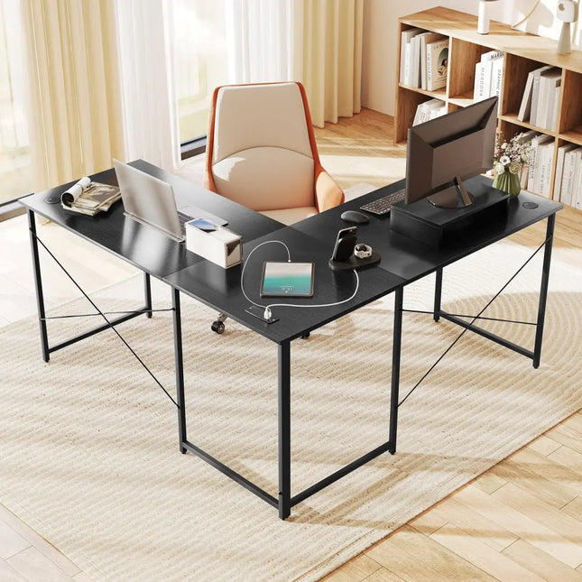 95 Inch 2-Person L-Shaped Long Reversible Computer Desk with Monitor Stand-Black - Black - L-Shaped Desks