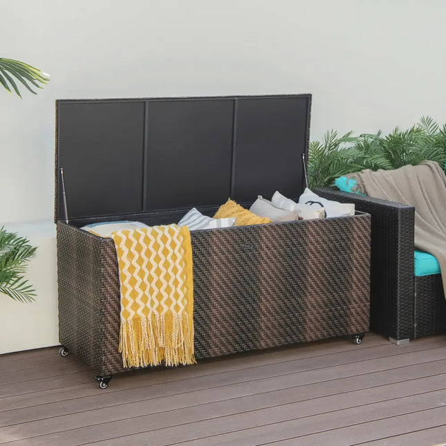 96 Gallon PE Wicker Outdoor Storage Box with 4 Wheels-Brown - Brown - Sheds & Outdoor Storage