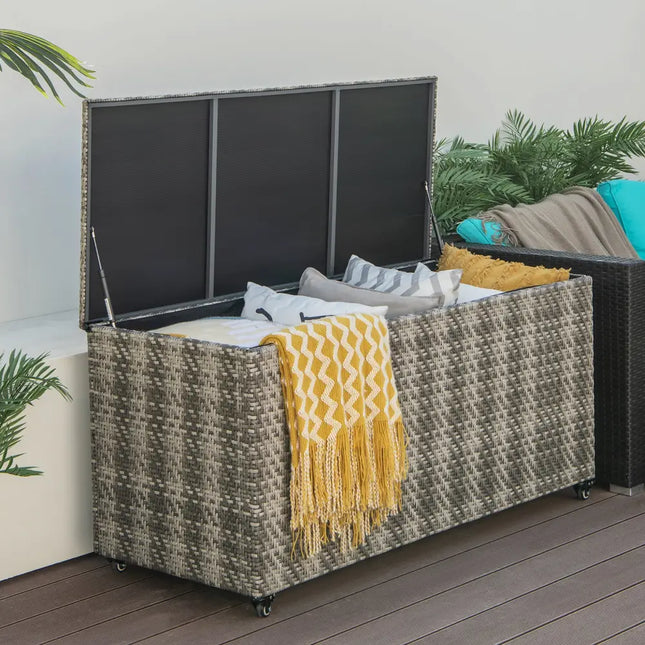 96 Gallon PE Wicker Outdoor Storage Box with 4 Wheels-Gray - Gray - Sheds & Outdoor Storage