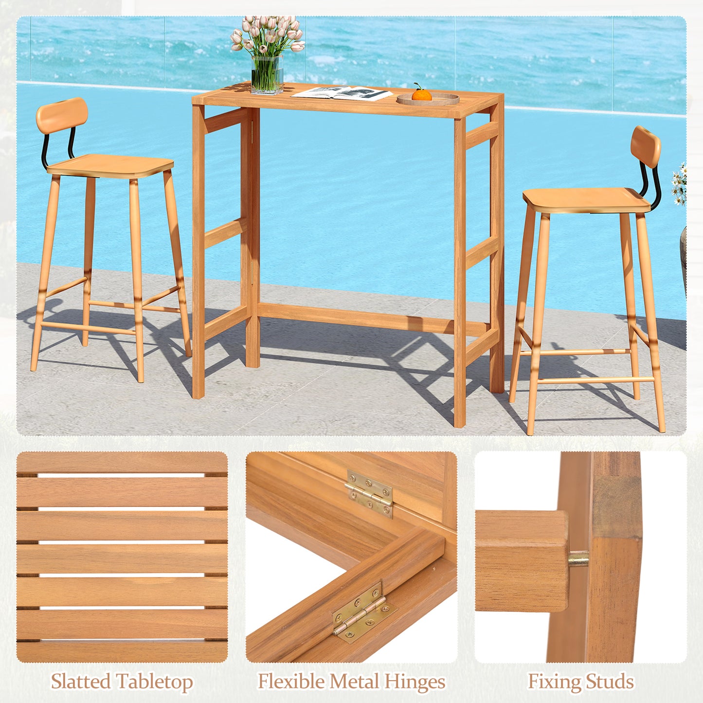 Acacia Wood Outdoor Bar Table with Slatted Tabletop for Balcony