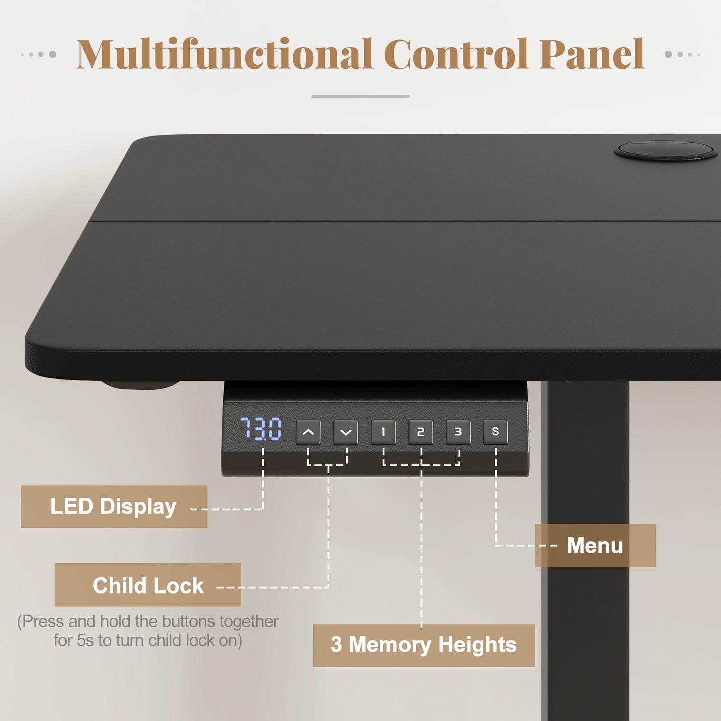 Electric Standing Desk with 3 Memory Heights and 2 Hanging Hooks and Cable Holes-Black
