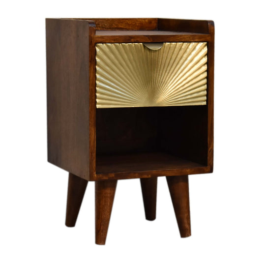 Mini Manila Gold Chestnut Nightstand with brass plated drawer, open storage slot, and Nordic style legs. Corner view