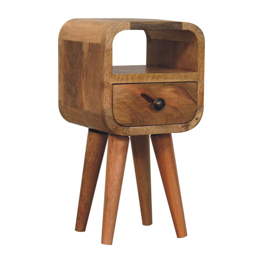 Extra Mini Oak-ish Bedside Table made from solid mango wood with one drawer, open slot, and Nordic-style legs. Lateral view