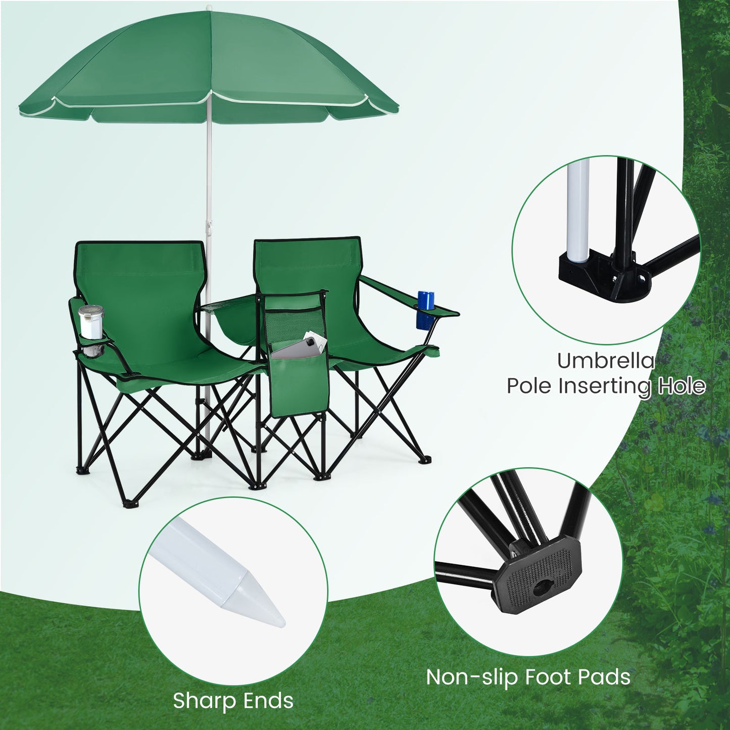 Portable Folding Picnic Double Chair With Removable Umbrella-Green