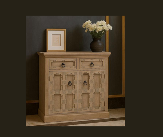Stone Acid Wash Glazed Sideboard made from solid mango wood with four drawers and four glazed doors. Flower vase and a frame on top of the board