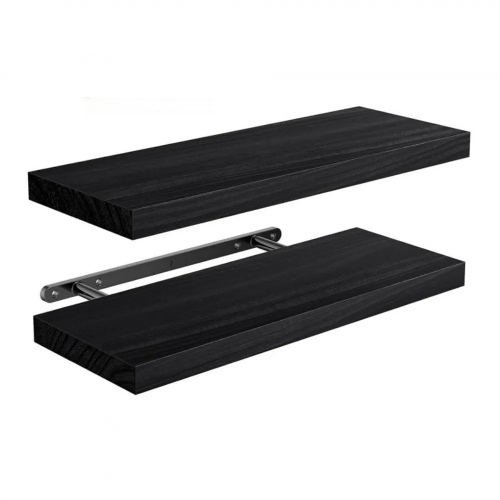 Two black floating shelves with brackets on a white background