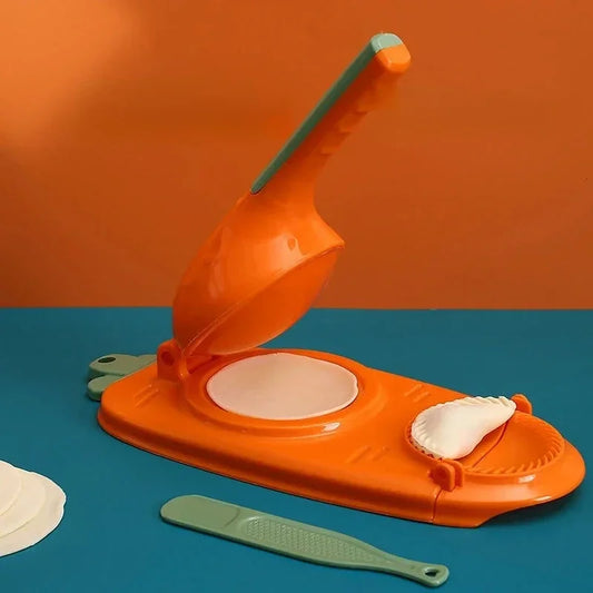 Orange and green oyster shucker on a blue surface with an orange background
