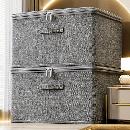 Gray storage box with zipper on a light-colored floor with a blurred background