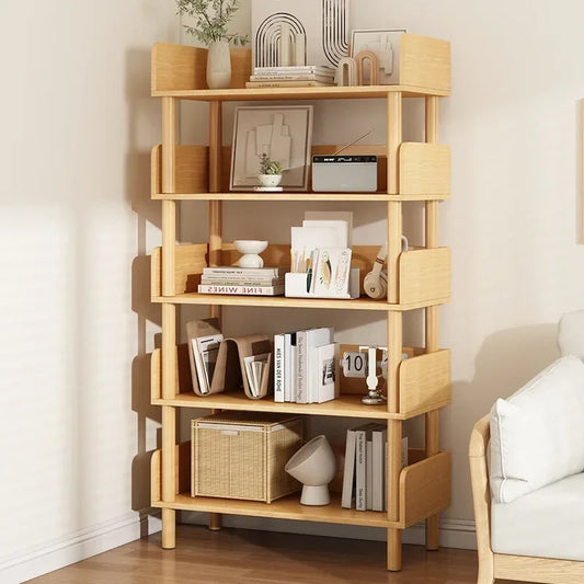 Wooden bookshelf with decorative items in a room setting