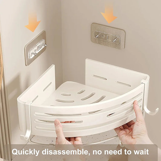 White corner shelf being held by hands with text 'Quickly disassemble, no need to wait' on a neutral background.
