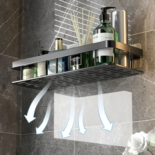 Bathroom shelf with toiletries on a tiled wall