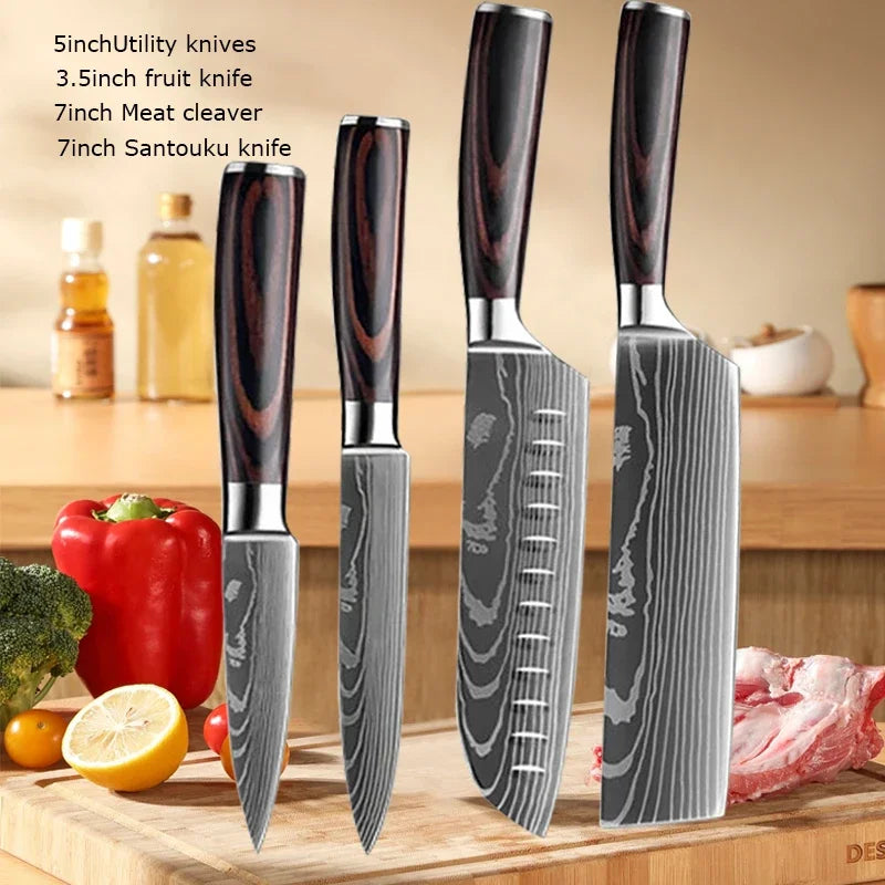Professional Laser Knife Set, Chef, Santoku, Cleaver & Boning Knife