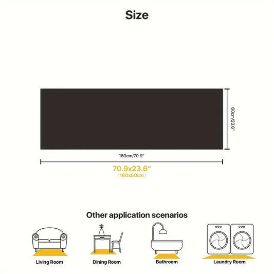Measurement chart showing dimensions of a black rectangular object with application scenarios below.