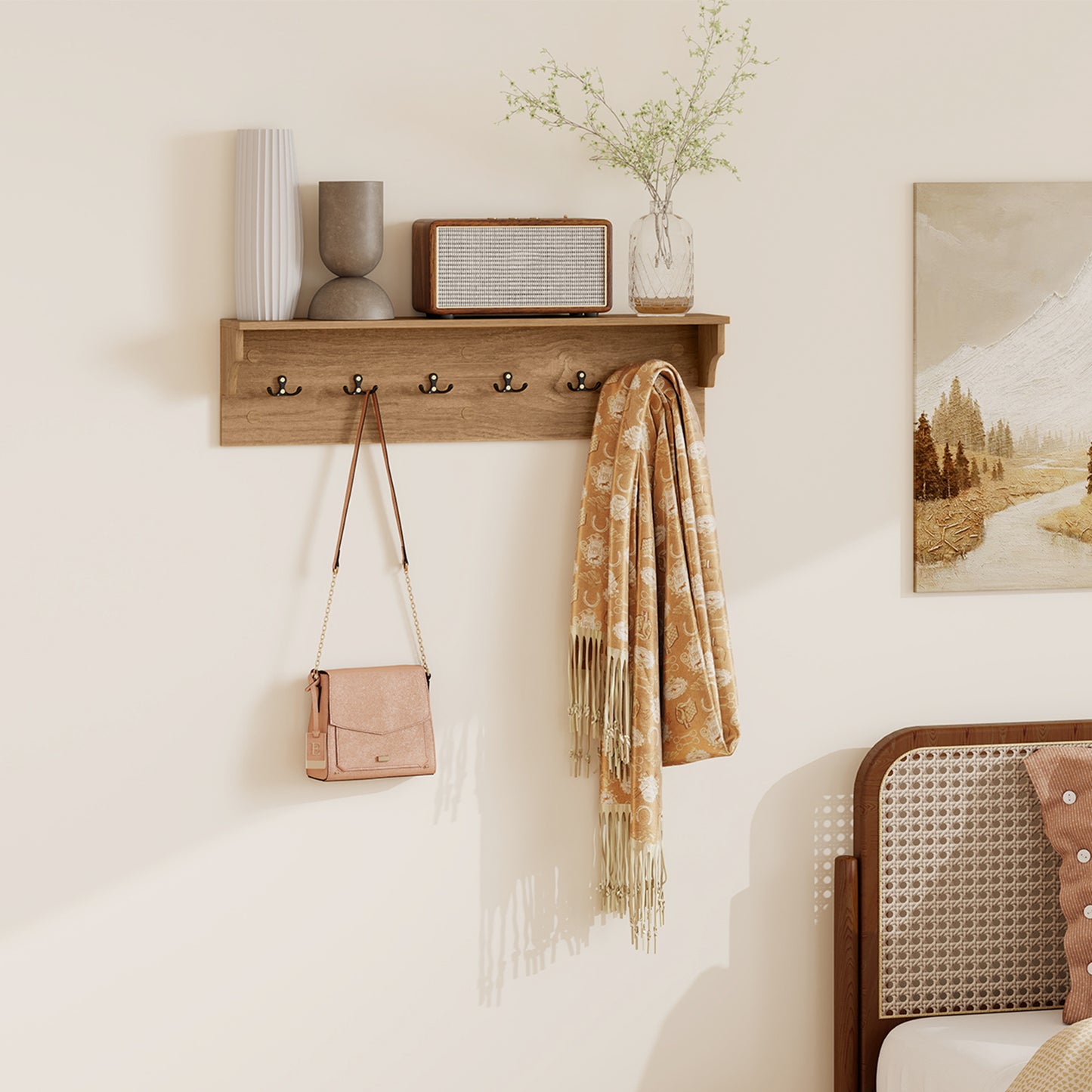 Wall Hooks with Shelf 31.5inch Wooden Coat Rack with 6 Hooks for Hats Towels Purses Robes-Natural