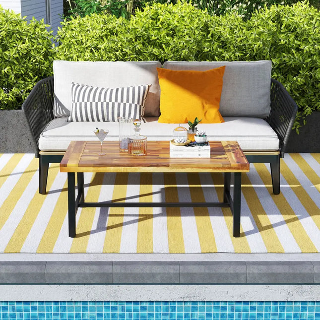 Acacia Wood Coffee Table with Thickened Top and Heavy-duty Metal Legs - Natural - Patio Coffee Tables