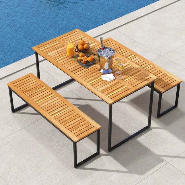 Acacia Wood Dining Table for 6 People with Slatted Tabletop and Umbrella Hole - Natural - Dining Tables