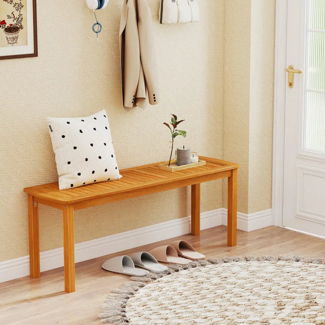 Acacia wood outdoor bench with slatted seat for garden - Natural - Outdoor Benches