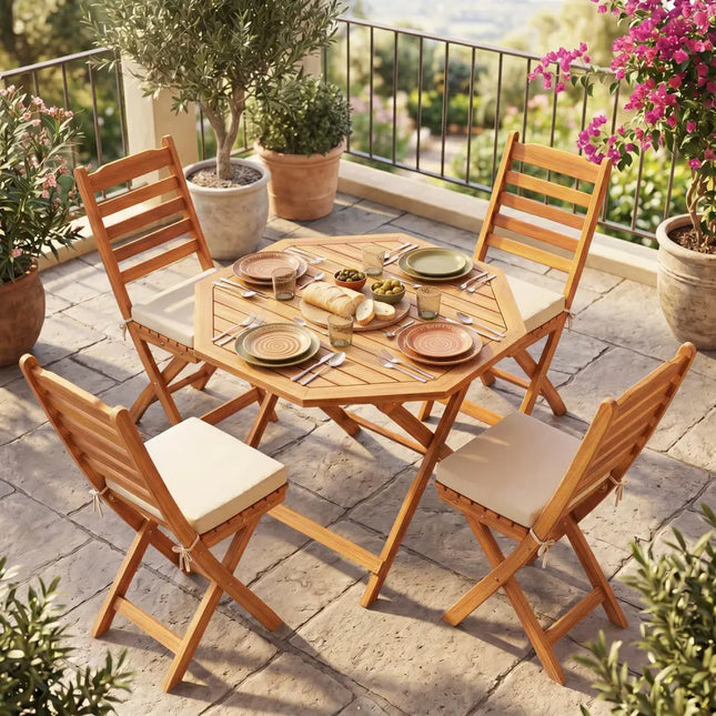 Acacia Wood Outdoor Folding Dining Table for 4 Octagonal with Slatted Tabletop - Natural - Patio Dining Tables