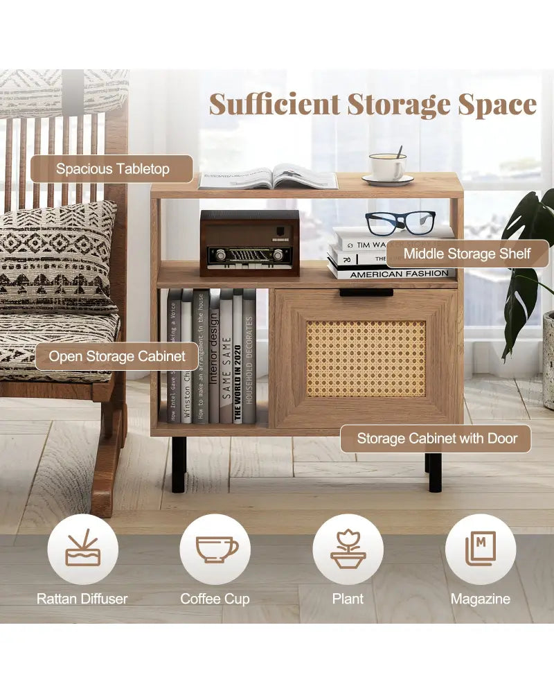 Accent Side End Table with Storage Shelf and Cabinet for Small Space-Natural - Natural - End & Side Tables