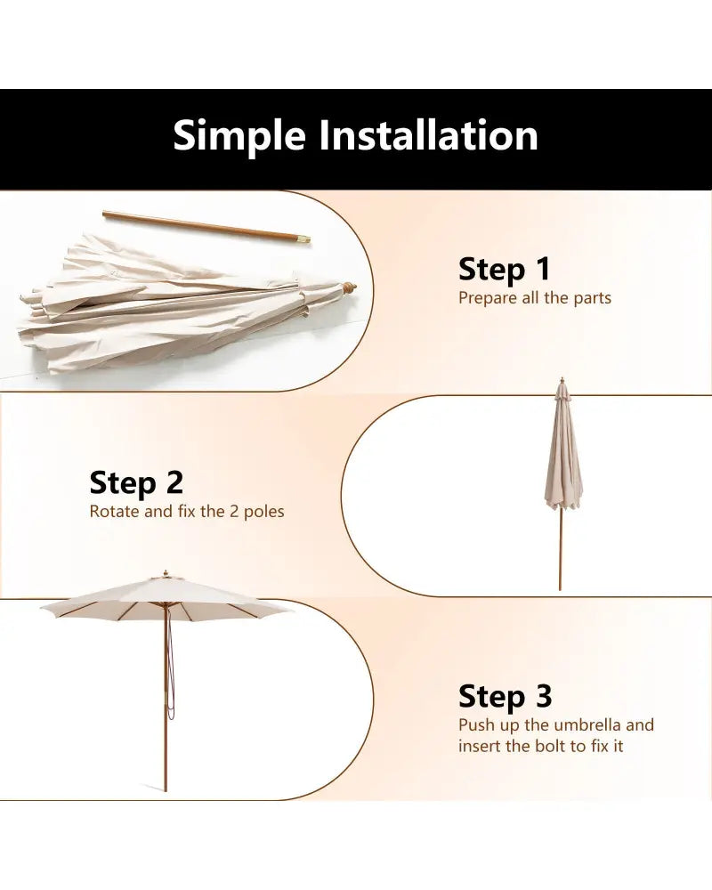 Adjustable 10 Feet Wooden Outdoor Umbrella Sunshade-Beige - Beige - Outdoor Umbrellas