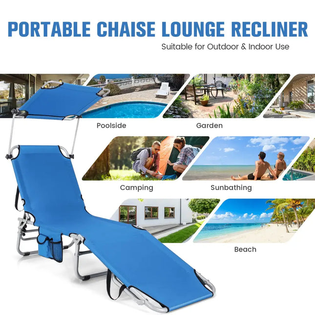 Adjustable Outdoor Beach Patio Pool Recliner with Sun Shade-Navy - Navy - Outdoor Chaise Lounges