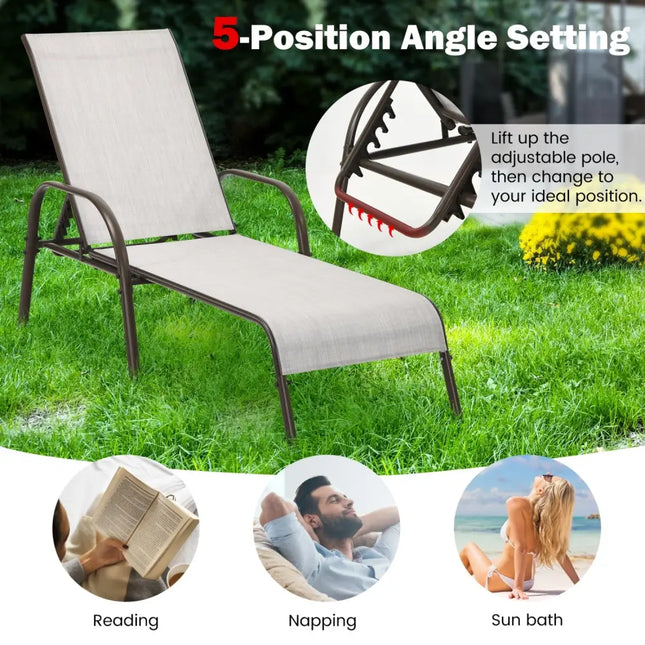 Adjustable Patio Chaise Folding Lounge Chair with Backrest-Gray - Gray - Outdoor Chaise Lounges