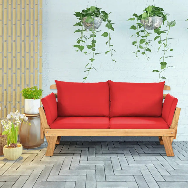 Adjustable Patio Convertible Sofa with Thick Cushion-Red - Red - Outdoor Benches