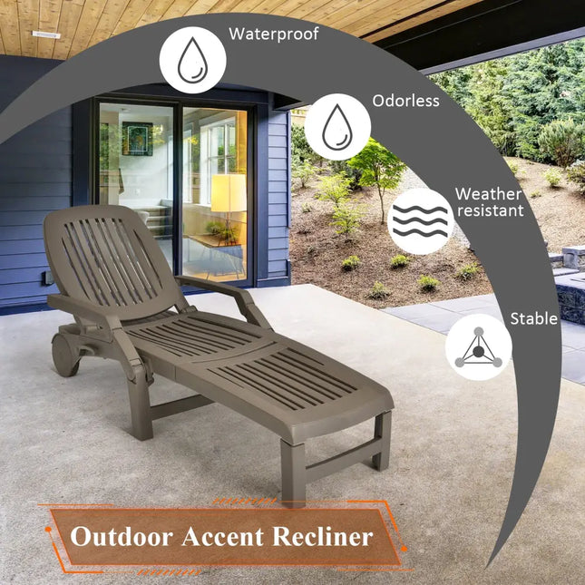 Adjustable Patio Sun Lounger with Weather Resistant Wheels-Coffee - Brown - Outdoor Chaise Lounges