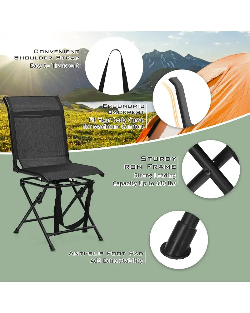 All-weather Outdoor Foldable 360-Degree Swivel Chair with Iron Frame-Black - Black - Camping Furniture