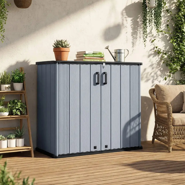 All-Weather Storage Box with Floor and Removable Shelf for Patio and Lawn-Gray - Gray - Sheds & Outdoor Storage