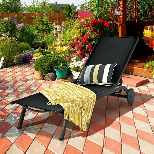 Aluminum Fabric Outdoor Patio Lounge Chair with Adjustable Reclining -Black - Black - Outdoor Chaise Lounges