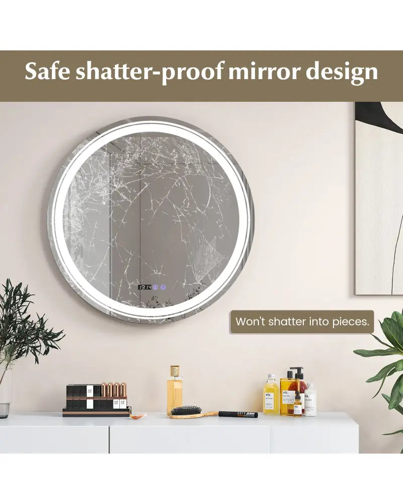 Anti-Fog Round Led Bathroom Mirror with 3 Color LED Lights-L - White - Wall Mirrors