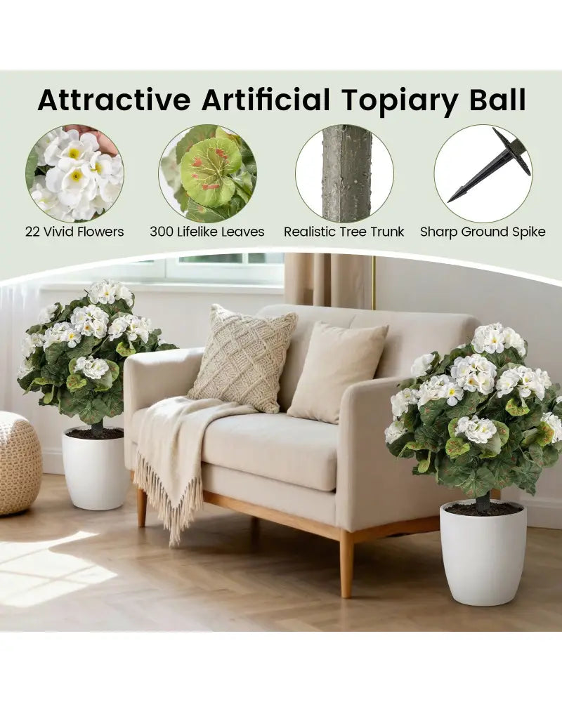 Artificial Begonia Ball Trees Set of 2 13 inch Fake Evergreen Shrubs with Ground Spikes-White - White - Faux Plants