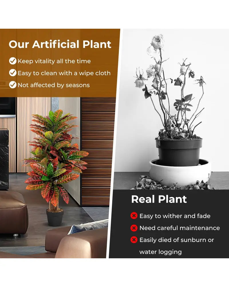Artificial Croton Plant 40 Inch Tall Fake Croton Palm Tree with Colorful Variegated Leaves and Pot - Red - Faux Plants
