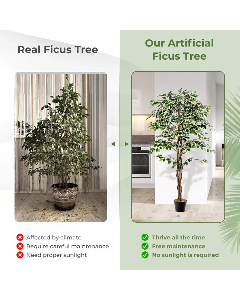 Artificial Ficus Tree Tall Faux Indoor Plant with 1008 Leaves Nursery Pot and Dried Moss - Green - Faux Plants