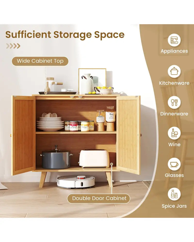 Bamboo Buffet Storage Cabinet with PE Rattan Doors and Freestanding Kitchen Cupboard-Natural - Natural - Cabinets &
