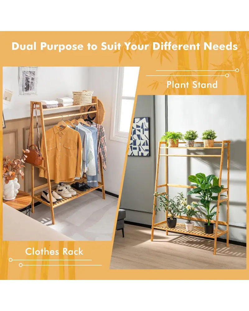 Bamboo Clothing Rack with Storage Shelves-Natural - Natural - Clothing & Closet Storage