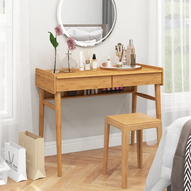 Bamboo Writing Desk with 2 Storage Drawers and Open Shelf-Natural - Natural - Writing Desks