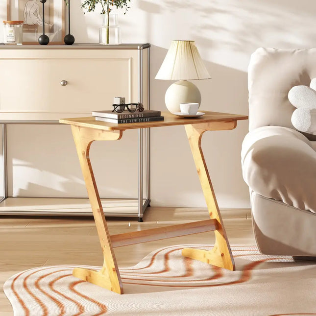 Bamboo Z-Shaped Spacious Sofa Side Table with Space-Saving Tabletop-Natural - Natural - End & Side Tables