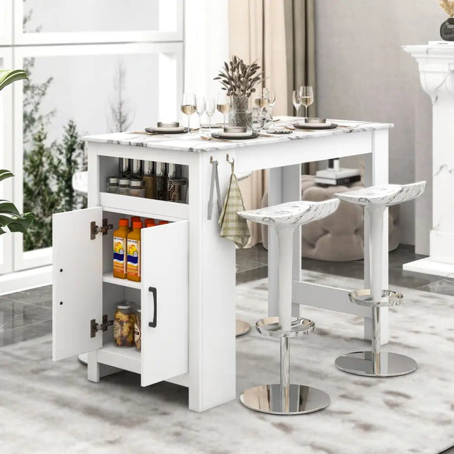 Bar Table Faux Marble Pub Table with 7 Hanging Hooks Compartment-White - White - Dining Tables