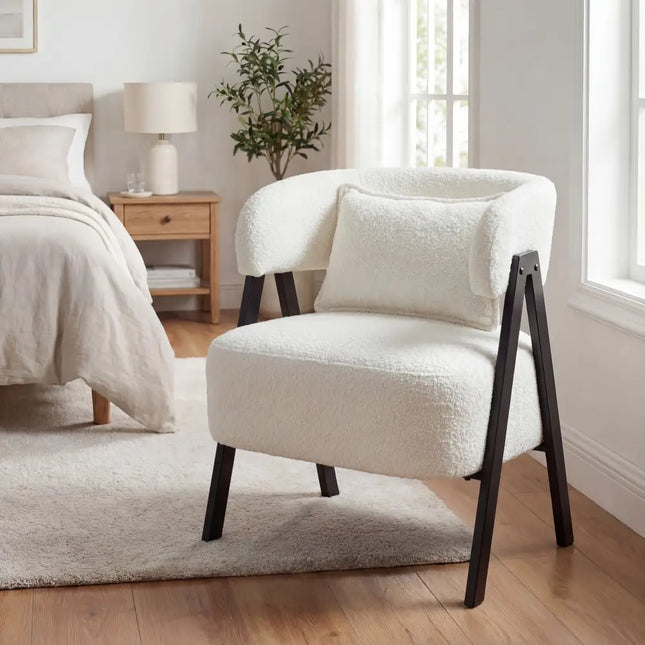 Barrel Accent Chair Faux Rabbit Fur Upholstered Armchair-White - White - Accent Chairs