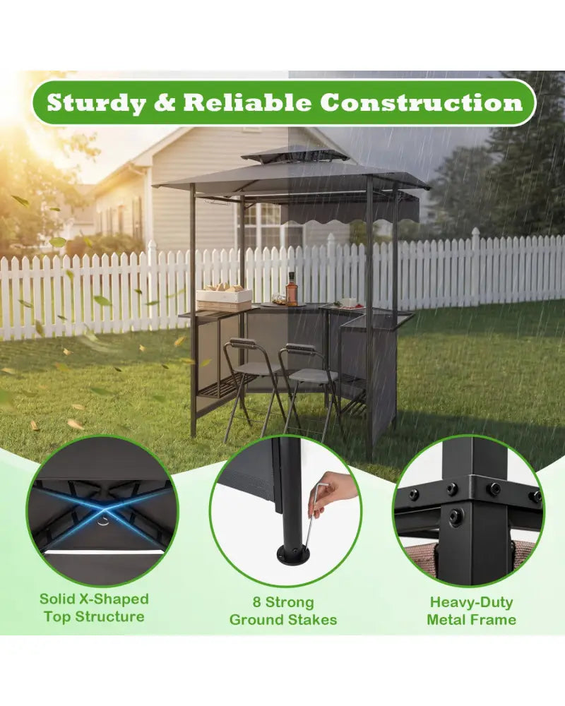 BBQ Gazebo Canopy with 4 Slatted Metal Shelves 6 Hanging Hooks and 2-Row Glass Holders-Black - Black - Patio Bar