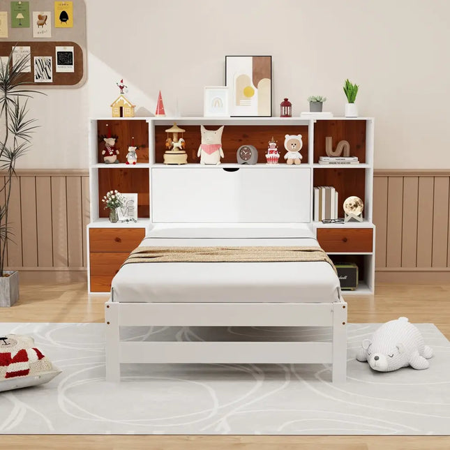 Bed Frame with Storage Headboard and Nightstands-Twin Size - White - Simple Bed Frame