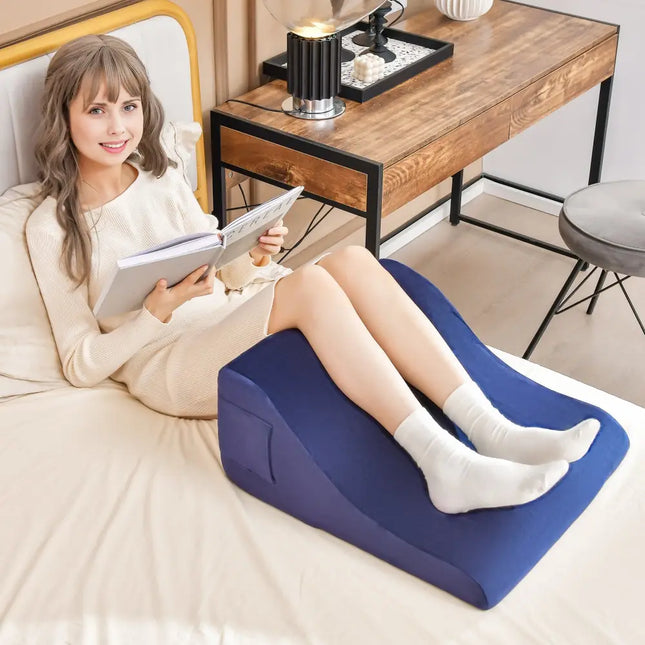 Bed Wedge Pillow with Tablet Pillow Stand and Side Pockets-Navy - Navy - Bedding
