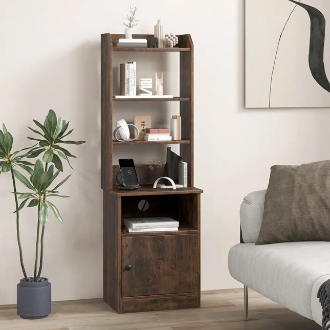Bedside Tables Tall Nightstands with 5 Open Shelf and Cabinet-Rustic Brown - Rustic Brown - Bookcases